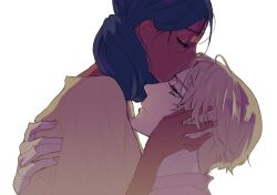 Rule 34 | 1boy, 1girl, black hair, blonde hair, blue eyes, char aznable, closed eyes, dark-skinned female, dark skin, double bun, gundam, gundam gquuuuuux, hair bun, hetero, kiss, kissing forehead, lalah sune, npn, profile, shirouzu (gundam), short hair, simple background, smile, white background