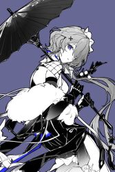 1girl arknights bare_shoulders blue_eyes blue_ribbon chinese_commentary commentary_request dress fur_(clothing) gloves hair_ornament hair_over_one_eye highres holding holding_umbrella long_hair off_shoulder official_alternate_costume oil-paper_umbrella one_eye_covered parasol parted_lips partial_commentary partially_colored piaoliu_ping_ping_ping_pingzi purple_background ribbon simple_background solo umbrella whisperain_(arknights) whisperain_(tremble_cold)_(arknights) x_hair_ornament