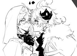 2boys alternate_costume blush genshin_impact grabbing_another&#039;s_chin greyscale hamtaru542899 hand_on_another&#039;s_chin monochrome mors_gn multiple_boys rex_lapis_(genshin_impact) tartaglia_(genshin_impact) tartali.club white_background yaoi zhongli_(archon)_(genshin_impact) zhongli_(genshin_impact)