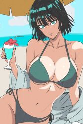 1girl beach bikini black_hair bob_cut breasts cleavage fubuki_(one-punch_man) green_eyes green_hair highres large_breasts looking_at_viewer midriff navel one-punch_man outdoors short_hair smile solo swimsuit windriftdraws