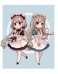 2girls :&gt; animal_ears apron black_hairband black_shoes blue_background blue_dress blue_eyes blue_hairband blue_shoes blush book book_stack boots bow braid braided_bangs brown_boots brown_bow brown_dress brown_eyes closed_mouth commentary cup dress ear_bow fake_animal_ears frilled_apron frilled_hairband frills hairband highres hisakawa_hayate hisakawa_nagi holding holding_book holding_tray idolmaster idolmaster_cinderella_girls idolmaster_cinderella_girls_starlight_stage long_hair low_twintails maid maid_apron multiple_girls pantyhose parted_lips puffy_short_sleeves puffy_sleeves red_bow rino_cnc shoes short_sleeves siblings sisters teacup teapot tray twins twintails very_long_hair white_apron white_pantyhose