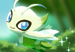 Rule 34 | aruco co, blue eyes, blurry, blurry background, celebi, closed mouth, commentary, day, gen 2 pokemon, highres, legendary pokemon, looking at viewer, mythical pokemon, nintendo, no humans, outdoors, pokemon, pokemon (creature), smile, solo, sparkle