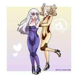 2girls alternate_costume blonde_hair bodysuit breasts cleavage closed_eyes commission cosplay dressing embarrassed fire_emblem fire_emblem_awakening lissa_(fire_emblem) lysithea_von_ordelia multiple_girls nintendo open_mouth rein_creamsoda samus_aran samus_aran_(cosplay) short_twintails skin_tight small_breasts smile twintails zero_suit