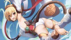 1girl ahoge andira_(granblue_fantasy) armpits ass barefoot blonde_hair blush cloud detached_leggings detached_sleeves fang flat_chest granblue_fantasy hairband highres holding holding_staff leotard looking_at_viewer monkey_tail orange_eyes outdoors pyonsan short_hair solo staff tail toes v-shaped_eyebrows white_leotard