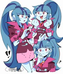 ! !! 1girl ? absurdres arrcticc_fish artist_name blue_hair blue_skin blunt_bangs closed_mouth collared_jacket colored_skin finger_to_cheek gem hair_behind_ear hands_up high_ponytail highres jacket jewelry long_hair looking_at_another looking_up multicolored_hair multiple_views my_little_pony my_little_pony:_equestria_girls my_little_pony:_friendship_is_magic necklace open_mouth pencil_skirt pink_eyes pink_jacket pink_skirt ponytail red_gemstone short-sleeved_jacket short_sleeves sidelocks simple_background skirt smile sonata_dusk sonata_dusk_(human) standing streaked_hair third-party_source two-tone_hair upper_body very_long_hair white_background