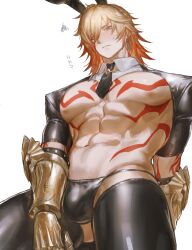 1boy abs absurdres animal_ears arm_tattoo armored_gloves black_panties black_thighhighs blonde_hair blush bulge chest_tattoo clawed_gauntlets crossdressing earrings facial_tattoo fake_animal_ears gold_necklace gradient_hair hair_between_eyes hair_over_one_eye highres honkai:_star_rail honkai_(series) jewelry kneeling large_pectorals latex latex_legwear leotard male_focus male_playboy_bunny matuka10101 mature_male meme_attire multicolored_hair muscular muscular_male mydei_(honkai:_star_rail) necklace nipples panties pectorals playboy_bunny rabbit_ears red_hair red_tattoo revealing_clothes reverse_bunnysuit reverse_outfit short_hair side-tie_panties simple_background solo tattoo thighhighs underwear yaoi yellow_eyes