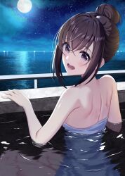 Rule 34 | 1girl, :d, back, bare shoulders, bath, brown eyes, brown hair, cloud, commentary request, feet out of frame, from behind, full moon, hair bun, hair intakes, highres, hominotsu, horizon, lens flare, light blush, looking at viewer, looking back, median furrow, moon, moonlight, naked towel, night, night sky, ocean, open mouth, original, outdoors, partially submerged, railing, reflection, reflective water, refraction, short hair, short hair with long locks, sidelocks, sitting, sky, smile, solo, star (sky), teeth, towel, turning head, water, wet