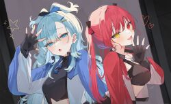 Rule 34 | 2girls, accessories, animal ear piercing, black gloves, black tube top, blue eyes, blue hair, blue jacket, breasts, collarbone, commentary, earrings, fingerless gloves, gloves, hair between eyes, hair ornament, heart, heart earrings, heart necklace, heart pendant, heterochromia, highres, hololive, hololive indonesia, houshou marine, iii (hololive), jacket, jewelry, kobo kanaeru, large breasts, long hair, long sleeves, looking at viewer, medium breasts, multicolored jacket, multiple girls, necklace, open clothes, open jacket, open mouth, outside border, red hair, red jacket, silver earrings, star (symbol), stomach, strapless, symbol-only commentary, tongue, tube top, two-tone jacket, uo illust, upper body, virtual youtuber, waving, wavy hair, white jacket