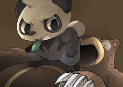 Rule 34 | 1boy, animal ears, animal feet, animal hands, black eyes, black fur, blue fur, body fur, brown background, brown theme, claws, constricted pupils, gen 2 pokemon, gen 6 pokemon, gerigoo, grin, hand up, happy, highres, leaf, looking at another, looking back, male focus, mouth hold, multicolored fur, nervous, nintendo, open mouth, pancham, panda boy, panda ears, panda tail, pokemon, pokemon (creature), scared, simple background, smile, squatting, standing on person, sweat, teeth, ursaring, v-shaped eyebrows, white fur