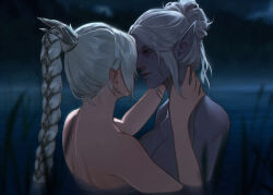 2girls baldur&#039;s_gate baldur&#039;s_gate_3 braid breasts colored_skin couple dungeons_&amp;_dragons dungeons_&amp;_dragons face-to-face hair_bun hair_ornament hands_on_another&#039;s_neck highres long_hair minthara multiple_girls night nude outdoors partially_submerged pointy_ears purple_skin red_eyes shadowheart_(baldur&#039;s_gate) short_hair shoulder_blades single_braid single_hair_bun smile upper_body vivi_llain water white_hair yuri