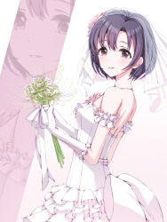 1girl arm_garter back_bow backless_dress backless_outfit bare_shoulders black_hair blush bouquet bow bridal_veil commentary dot_nose dress elbow_gloves flower from_side gloves hair_ornament haua highres holding holding_bouquet idolmaster idolmaster_cinderella_girls idolmaster_cinderella_girls_starlight_stage jewelry looking_at_viewer necklace parted_lips shiragiku_hotaru short_hair simple_background smile solo spider_lily strapless strapless_dress veil wedding_dress white_background white_bow white_dress white_gloves zoom_layer