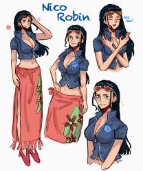 1girl black_hair blue_eyes blue_jacket blush breasts character_name cleavage closed_eyes commentary crop_top cropped_jacket crossed_arms eyewear_on_head hair_slicked_back highres illseeyalater jacket long_hair multiple_views navel nico_robin one_piece open_mouth orange-tinted_eyewear pink_sarong sarong sidelocks simple_background sparkle tinted_eyewear white_background