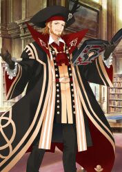 1boy ascot beard belt belt_buckle black_cape black_coat black_gloves black_hat black_jacket black_pants book brown_eyes brown_facial_hair brown_hair buckle buttons cape closed_mouth coat collared_shirt facial_hair fate/grand_order fate_(series) feet_out_of_frame frilled_sleeves frills full_beard gloves hands_up hat hat_feather holding holding_book indoors jacket konoe_ototsugu legs_apart long_sleeves male_focus medium_hair mustache official_art open_book open_clothes open_coat outstretched_arms pants red_ascot red_belt shirt smile solo standing sweater_guard third-party_source two-sided_coat two-sided_fabric white_shirt wide_sleeves william_shakespeare_(fate) wing_collar