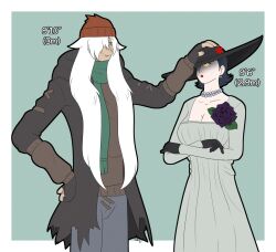 Rule 34 | 1boy, 1girl, alcina dimitrescu, anger vein, az (pokemon), black hair, border, breasts, cleavage, commentary, crossover, dress, english commentary, flower, gloves, green background, hair over one eye, hat, height difference, jacket, jewelry, latiro, long hair, long sleeves, necklace, nintendo, orange hat, original, pants, pearl necklace, pokemon, pokemon xy, purple flower, purple rose, resident evil, resident evil (movie), resident evil village, rose, scarf, short hair, signature, simple background, standing, white border, white hair, yellow eyes