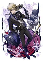 1boy alcohol ascot black_ascot black_flower black_jacket black_pants black_rose black_shirt black_suit blonde_hair boots bungou_stray_dogs cup drink drinking_glass flower fork formal_clothes full_body glasses gloves halloween hand_on_own_hip hand_up holding holding_mask jacket kunikida_doppo_(bungou_stray_dogs) long_sleeves low_ponytail male_focus mask masquerade_mask official_alternate_costume official_art pants parted_bangs parted_lips ponytail print_gloves rectangular_eyewear rose shirt silk skeleton_print solo spider_web standing suit third-party_source transparent_background vest white_flower white_rose wine wine_glass