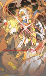 035nnn 2girls :3 blonde_hair blush_stickers bun_cover chinese_commentary commentary_request cursive don_quixote_(project_moon) double_bun e.g.o_(project_moon) english_text flower green_eyes hair_bun hair_flower hair_ornament highres hundred-footed_death_maggot_(e.g.o) ishmael_(project_moon) limbus_company long_hair multiple_girls one_eye_covered open_mouth orange_hair project_moon red_flower red_sheet_(e.g.o) single_blush_sticker sleeves_past_fingers sleeves_past_wrists smile talisman yellow_eyes