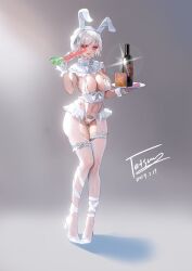 1girl animal_ears artist_name bottle breasts carrot chinese_commentary clothing_cutout commentary_request condom condom_wrapper crotchless crotchless_pantyhose d.tatsuo dated fake_animal_ears frilled_thigh_strap frilled_wrist_cuffs frills full_body gloves grey_background high_heels highres holding holding_carrot holding_tray large_breasts navel_cutout original pantyhose rabbit_ears red_eyes shoes simple_background solo thigh_strap tray white_gloves white_hair white_shoes wine_bottle wrist_cuffs