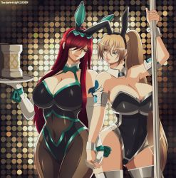 2girls absurdres animal_costume animal_ears arm_tattoo arm_up armpits breasts brown_eyes brown_hair cleavage collarbone crane_yuzuriha cup drinking_glass erza_scarlet fairy_tail fake_animal_ears full_body green_eyes hair_between_eyes hair_over_one_eye highres hikimayu holding_hands huge_breasts interlocked_fingers leotard lips lipstick long_hair makeup mug multiple_girls playboy_bunny pole ponytail rabbit_ears red_hair saint_seiya saint_seiya:_the_lost_canvas shoulder_tattoo smile tagme tattoo the-dark-knight19089 thick_thighs thighs tray very_long_hair wide_hips