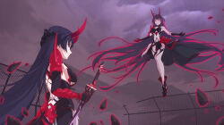 2girls absurdres black_gloves black_hair breasts chinese_commentary commentary_request debris dual_persona floating gloves high_heels highres holding holding_sword holding_weapon honkai_(series) honkai_impact_3rd horns large_breasts long_hair looking_at_another multiple_girls night night_sky purple_eyes purple_hair raiden_mei raiden_mei_(herrscher_of_thunder) red_horns sky sword very_long_hair via_shinan weapon