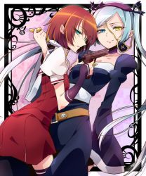 00s 2girls belt blue_hair eyepatch green_eyes gun knife multiple_girls nahashi_lucia red_hair school_uniform short_hair takahana_sumire tears venus_versus_virus weapon yuri