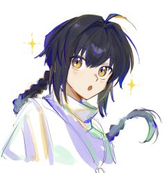 1other :o ahoge black_hair blush braid fate/samurai_remnant fate_(series) hair_between_eyes highres long_hair looking_at_viewer open_mouth other_focus solo sparkle tokoni_fusu white_background yamato_takeru_(fate) yellow_eyes
