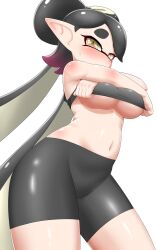 +_+ 1girl bare_shoulders blush breasts callie_(splatoon) highres large_breasts looking_at_viewer nintendo pero_(pero7762) pointy_ears short_hair sleeveless solo splatoon_(series) tentacle_hair twintails underboob white_background yellow_eyes