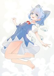 Rule 34 | 1girl, ahoge, barefoot, blue dress, blue eyes, blue hair, bow, cirno, dress, full body, hair bow, happy, highres, ice, ice wings, looking at viewer, open mouth, puffy short sleeves, puffy sleeves, red bow, ribbon, short hair, short sleeves, smile, solo, touhou, v, wings, wrainman