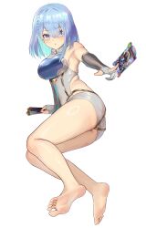 Rule 34 | 1girl, absurdres, armpits, bare legs, barefoot, black gloves, blue eyes, blue hair, bodysuit, breasts, clothing cutout, dreizehn (shadowverse), elbow gloves, feet, fingerless gloves, gloves, highres, long hair, panties, shadowverse, short hair, side cutout, sideboob, soles, underwear, white bodysuit, white panties, yitian9484