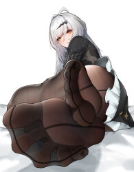 1girl ahoge ass black_dress brown_pantyhose commentary_request dress feet foot_focus grey_hair long_hair looking_at_viewer lying nail_polish on_side pantyhose soles solo straight_hair toenail_polish toenails wd_(1106592840) yixuan_(zenless_zone_zero) zenless_zone_zero