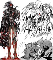 2girls 3rdeye_suki animal_ears arm_cannon armor blood blood_drip blood_on_arm blood_on_armor blood_on_hands blood_on_leg bloody_weapon bow braid crazy_laugh evil_smile fangs finger_to_mouth gatling_gun glowing glowing_eyes greyscale hair_between_eyes hair_bow hatching_(texture) highres kirisame_marisa long_hair looking_at_viewer minigun monochrome monster_girl multiple_girls multiple_views rabbit_ears rabbit_girl red_eyes reisen_udongein_inaba shaded_face sharp_teeth side_braid simple_background single_braid skeletal_arm skeletal_hand smile standing teeth touhou touhou_igyoukyo variant_marisa variant_reisen weapon white_background