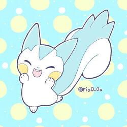 animal_focus arms_up blue_background buck_teeth closed_eyes commentary_request facing_viewer full_body gen_4_pokemon happy highres nintendo no_humans open_mouth pachirisu pokemon pokemon_(creature) rio_(rio0v0o) solo standing standing_on_one_leg teeth twitter_username