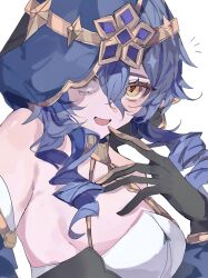 1girl :d bare_shoulders black_gloves blue_hair breasts drill_hair drill_sidelocks genshin_impact gloves halterneck highres hood jewelry layla_(genshin_impact) long_hair looking_at_viewer mamamam_pi neck_ring open_mouth sidelocks simple_background smile solo upper_body white_background yellow_eyes