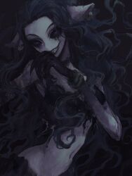 Rule 34 | 1girl, animal ears, bangle, black background, black hair, black sclera, bracelet, claws, colored extremities, colored sclera, colored skin, ear piercing, grey skin, grin, hand up, highres, identity v, jewelry, jiz (pffbq), long hair, looking at viewer, monster girl, piercing, purple eyes, sharp teeth, skinny, sleeveless, smile, teeth, upper body, very long hair, yidhra (identity v)