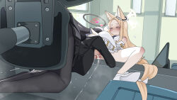 2girls age_difference animal_ears black_hair blonde_hair blue_archive cunnilingus desk detached_sleeves extra_ears forehead fox_ears halo highres loli monobe_yuri multiple_girls onee-loli oral parted_bangs pussy pussy_juice rio_(blue_archive) seia_(blue_archive) spread_legs swivel_chair tail tongue tongue_out yellow_eyes yuri