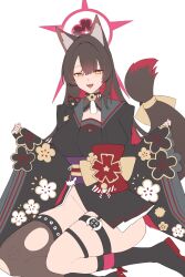 Rule 34 | 1girl, animal ear fluff, animal ears, black hair, blue archive, breasts, flower, fox ears, fox girl, fox tail, halo, highres, kurowanjjyang, long hair, looking at viewer, multicolored hair, no panties, open mouth, red halo, side slit, smile, solo, tail, tail flower, tail ornament, thigh strap, wakamo (blue archive), yellow eyes