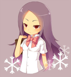 1girl blush breasts inazuma_eleven inazuma_eleven_(series) long_hair purple_eyes purple_hair saru school_uniform short_sleeves simple_background small_breasts touchi_ai
