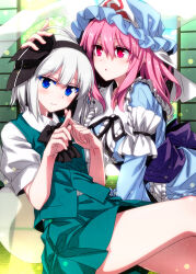 2girls arm_garter black_bow black_bowtie black_hairband black_ribbon blue_hat blue_kimono blush bow bowtie collared_shirt commentary green_skirt green_vest hair_between_eyes hair_ribbon hairband hand_on_another&#039;s_head hat highres japanese_clothes kimono konpaku_youmu konpaku_youmu_(ghost) long_sleeves medium_hair multiple_girls neck_ribbon obi pink_eyes pink_hair purple_sash ribbon saigyouji_yuyuko sash sazanami_mio shirt short_hair short_sleeves skirt touhou triangular_headpiece vest white_hair white_shirt