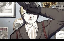 1boy america_(hetalia) american_flag ascot axis_powers_hetalia black_border black_gloves blonde_hair blood blood_on_clothes blood_on_face blue_eyes border brown_jacket commentary desert_eagle english_commentary english_text flower glasses gloves gun handgun hat highres holding holding_gun holding_weapon jacket lapels long_sleeves looking_at_viewer male_focus military_hat military_jacket military_uniform military_vehicle moon motor_vehicle nosebleed open_mouth pcpc_onaka picture_frame poster_(object) semi-rimless_eyewear shadow shirt short_hair solo space spacesuit star_(symbol) sunflower tank upper_body weapon white-framed_eyewear white_ascot white_shirt yellow_flower