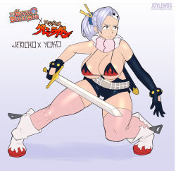 1girl bikini boots breasts cosplay crossdressing crossover female_focus gloves high_heels jericho_(nanatsu_no_taizai) joylewds large_breasts long_glove looking_away nanatsu_no_taizai purple_hair solo swimsuit sword tengen_toppa_gurren_lagann weapon yellow_eyes yoko_littner yoko_littner_(cosplay)