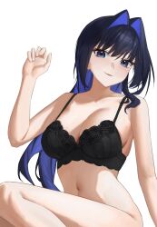 Rule 34 | 1girl, absurdres, alternate costume, bare shoulders, black bra, blue eyes, blue hair, bottomless, bra, breasts, cleavage, collarbone, hair intakes, highres, hololive, hololive english, lace, lace-trimmed bra, lace bra, lace trim, large breasts, long hair, looking at viewer, muimi (princess connect!), multicolored hair, navel, no panties, ouro kronii, simple background, smile, solo, underwear, virtual youtuber, white background