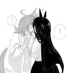 2girls absurdres agnes_tachyon_(umamusume) ahoge animal_ears breasts chemical_structure closed_eyes earrings gachitamago greyscale hair_between_eyes hands_on_another&#039;s_face highres horse_ears horse_girl horse_tail huge_ahoge jewelry kantai_collection lab_coat long_bangs long_hair long_hair_between_eyes long_sleeves manhattan_cafe_(umamusume) medium_hair monochrome multiple_girls nervous_sweating simple_background single_earring speech_bubble sweat sweatdrop tail thought_bubble umamusume very_long_hair white_background yellow_eyes yuri