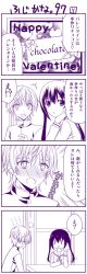 1boy 1girl 4koma blush comic fujioka_(minami-ke) gakuran minami-ke minami_kana monochrome purple_theme school_uniform serafuku television translation_request twintails yuubararin