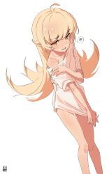 1girl absurdres blonde_hair bottomless covering_privates fang highres kwms long_hair monogatari_(series) oshino_shinobu shirt single_bare_shoulder solo speech_bubble white_shirt yellow_eyes