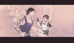 1boy 1girl billy_coen black_hair blue_eyes brown_hair commentary_request cuffs english_text fingerless_gloves gloves green_eyes handcuffs muscular muscular_male nitako non-web_source rebecca_chambers resident_evil resident_evil_0 shirt short_hair sleeveless sleeveless_shirt tattoo