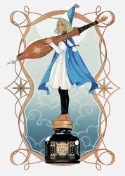 1girl blue_hat brown_footwear coco_(tongari_boushi_no_atelier) copyright_name english_text green_eyes green_hair hat highres holding ink inkwell long_sleeves looking_at_viewer nib_pen_(object) pen pimientosdulces qifrey&#039;s_atelier_apprentice_uniform short_hair solo tongari_boushi_no_atelier
