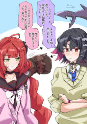 2girls ahoge black_choker black_sailor_collar bow bowtie brown_cardigan candy cardigan chest_bow choker colored_inner_hair crossed_arms ellen_joe fins fish_tail food green_eyes lollipop lollipop_in_mouth long_hair looking_at_another mole mole_under_eye multicolored_hair multiple_girls nodachi_(nodati51) pink_cardigan razor_blade_hair_ornament red_eyes red_hair sailor_collar shark_girl shark_tail speech_bubble tail thought_bubble ukinami_yuzuha upper_body white_bow white_bowtie zenless_zone_zero