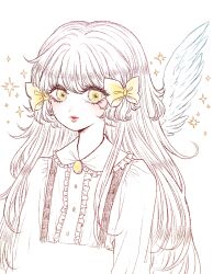 Rule 34 | 1girl, angel wings, bow, brown hair, center frills, collared shirt, commentary, cropped torso, dot nose, eleanor (ohmyeleanor), enjel, expressionless, eyelashes, feathered wings, frilled shirt collar, frills, hair between eyes, hair bow, light blush, lipstick, long hair, long sleeves, makeup, parted lips, pink lips, pocket mirror, shirt, sidelocks, simple background, single wing, solo, sparkle, suspenders, very long hair, white background, white shirt, white wings, wings, yellow bow, yellow brooch, yellow eyes