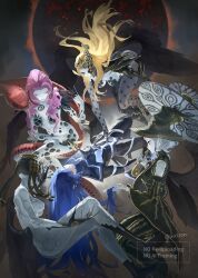 Rule 34 | 1boy, 4girls, absurdres, agrat bat mahlat (megami tensei), androgynous, artist name, black bodysuit, black dress, black hat, black wings, blonde hair, blue eyes, blue hair, bodysuit, breasts, claws, colored skin, commentary, commentary request, demon (megami tensei), dress, eisheth zenunim (megami tensei), english commentary, grey hair, hat, highres, holding, holding umbrella, large breasts, lilith (megami tensei), long hair, mixed-language commentary, multiple girls, naamah (megami tensei), pink hair, protagonist (smtv), red eyes, shin megami tensei, shin megami tensei v, shin megami tensei v: vengeance, snake, twitter username, umbrella, watermark, white skin, wings, witch hat, za210n