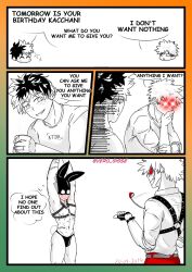 4koma armpits ass_freckles bakudeku bakugou_katsuki bare_legs birthday birthday_present blush body_freckles boku_no_hero_academia bones_(company) comic curly_hair english_text evil_eyes evil_grin evil_smile freckles gift grin highres legs mask masochism messy_hair midoriya_izuku muscular pectorals rabbit_mask rabbit_tail sado_masochism scar scar_on_arm scar_on_bodyabs shounen_jump smile spiked_hair thong vero_gisse whip yaoi