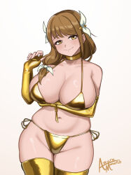 1girl alternate_costume animal_ears animal_print arm_under_breasts azure_monarch bell bikini breasts bridal_gauntlets brown_hair cleavage fire_emblem fire_emblem_engage gloves gold_bikini gold_gloves gold_thighhighs goldmary_(fire_emblem) hair_ribbon highres huge_breasts long_hair looking_at_viewer low_ponytail mole mole_on_breast mole_on_crotch nintendo ponytail ribbon sideboob skindentation smile solo swimsuit thick_thighs thighhighs thighs white_ribbon yellow_eyes